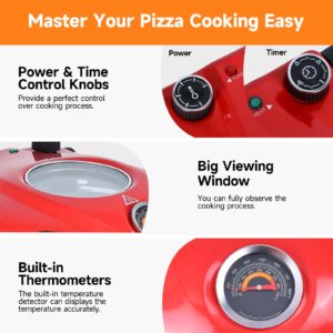 Upgrade Davivy 12" Indoor Electric Pizza Oven with Timer & Stone & Grill Pan, Countertop Pizza Oven Heats up to 800˚F, Portable Indoor Pizza Oven Cooker Countertop, Electric Indoor Pizza Cooker -Red