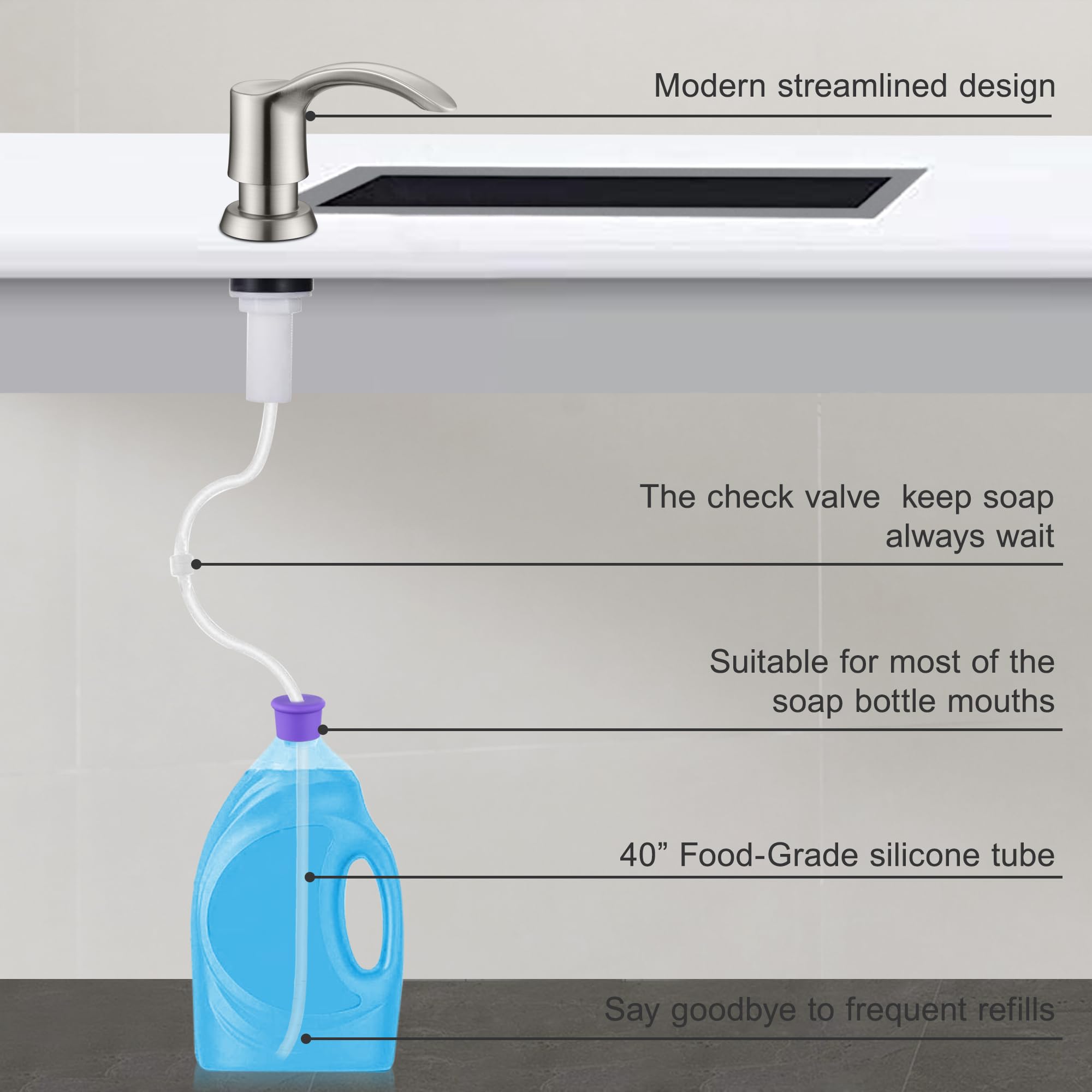 GAGALIFE Kitchen Sink Soap Dispenser - Sink Soap Dispenser Pump with 40" Silicone Extension Tube Kit (Brushed Nickel), Say Goodbye to Frequent Refills G080-1BN