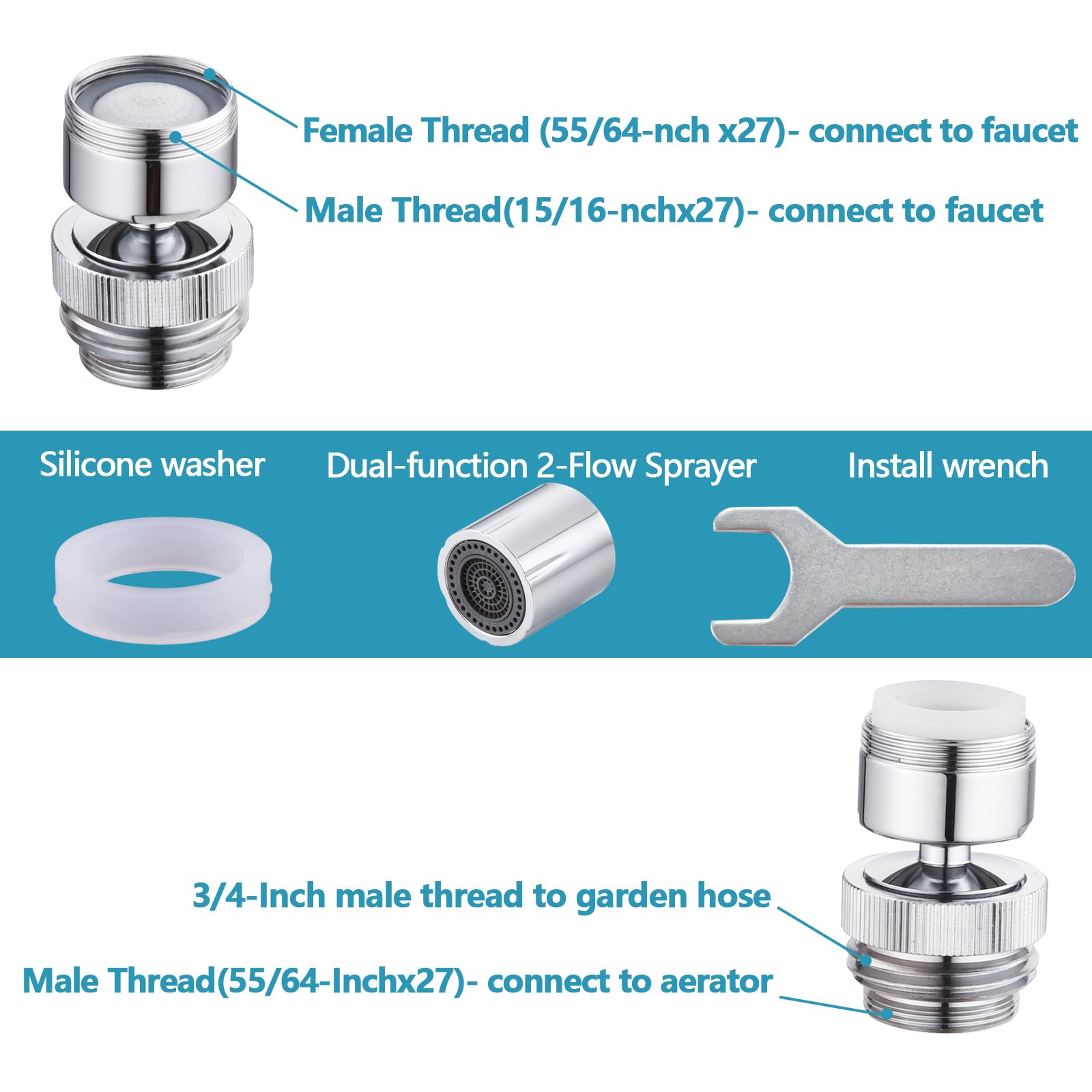 YRDL Faucet Adapter with Dual-function Aerator Kit, Sink Faucet to Garden Hose Adapter,Multi-Thread Sink Faucet Adapter for Kitchen and Bathroom，Sink to Hose Adapter，3/4" GHT Thread Chrome.