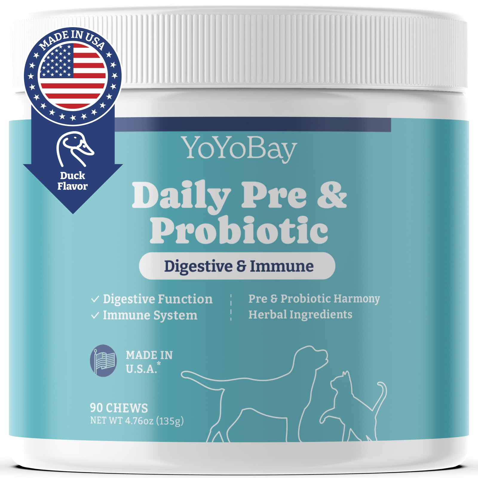 Probiotics for Dogs, Daily Dog Probiotics & Prebiotic, for Gut Health and Digestive Health, Support Yeast Balance, Immune System, Maintain Skin & Coat Health, Duck Flavor, 90 Count