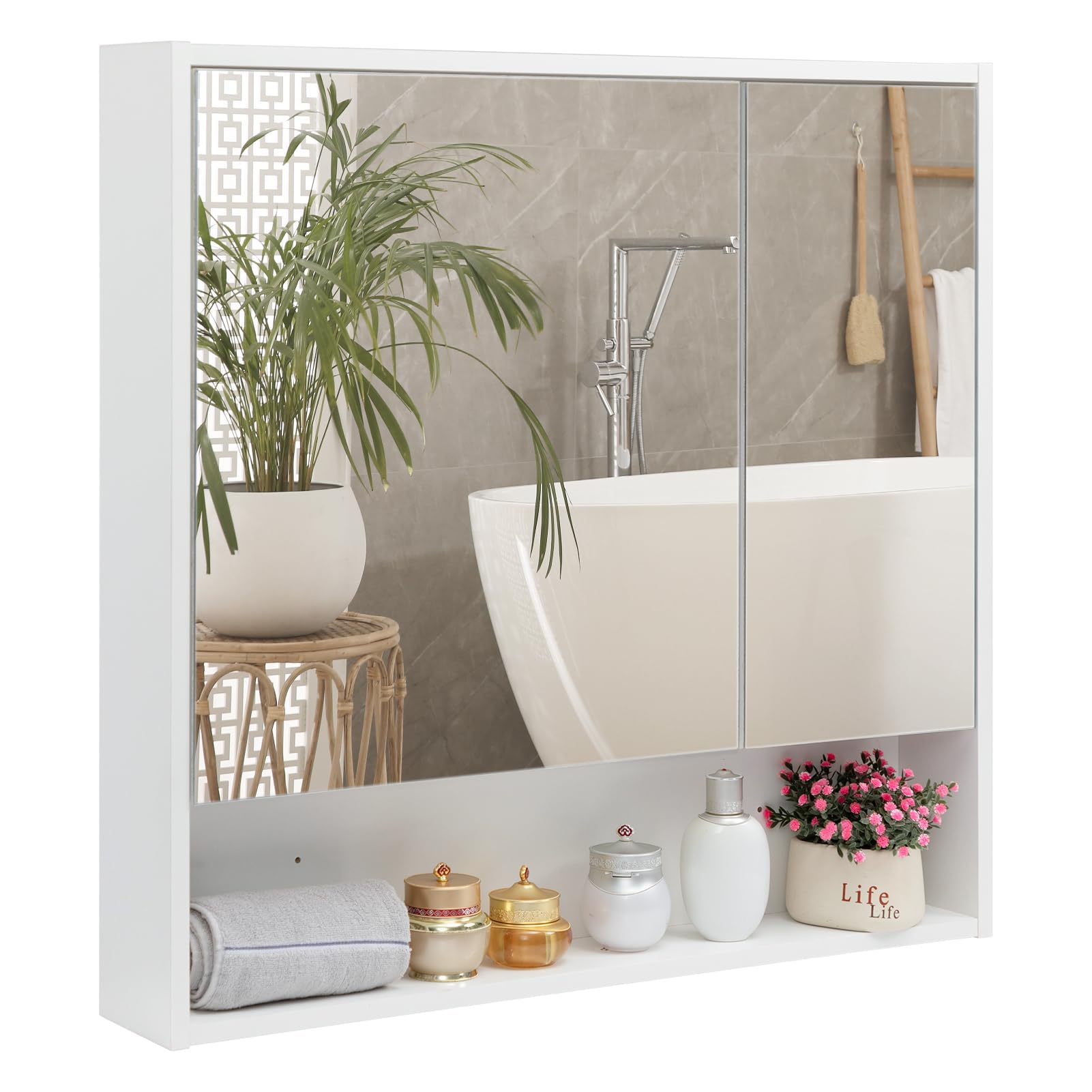 ALIMORDEN Medicine Cabinet with Mirror and Shelves, Bathroom Wood Wall Cabinet Over The Toilet, Vanity, Recessed or Surface Mount, 30.07 Inch x 30 Inch, White