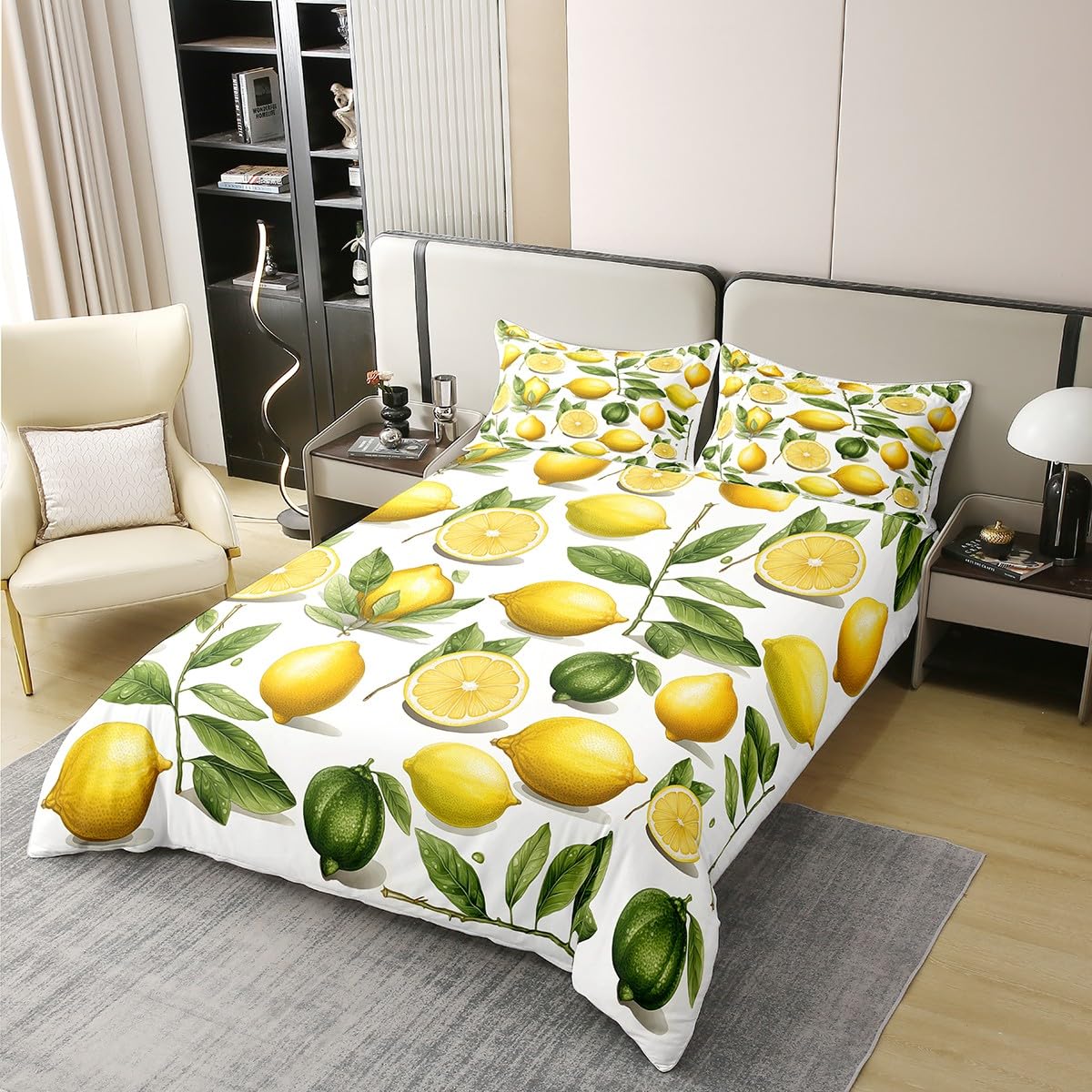 Manfei Lemon 100% Nature Cotton Duvet Cover,Yellow Summer Fruits Botanical Leaves Bedding Set for Room Decor,Rustic Farmhouse Style All Season Bedding with Zipper Closure Queen Size