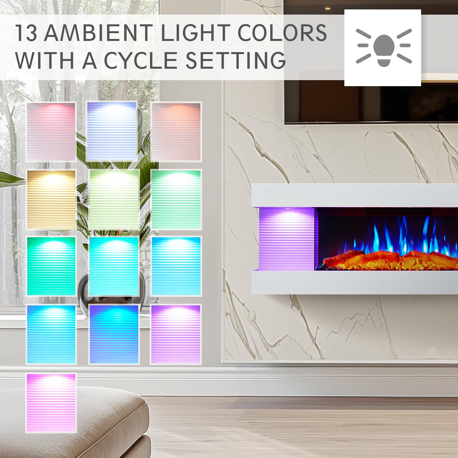 PuraFlame Alsa 44 Inch Wall Mounted Electric Fireplace All-in-One with Multi Ambient Light Colors, Remote, 1500W Heater, White