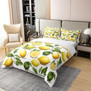 Manfei Lemon 100% Nature Cotton Duvet Cover,Yellow Summer Fruits Botanical Leaves Bedding Set for Room Decor,Rustic Farmhouse Style All Season Bedding with Zipper Closure Queen Size