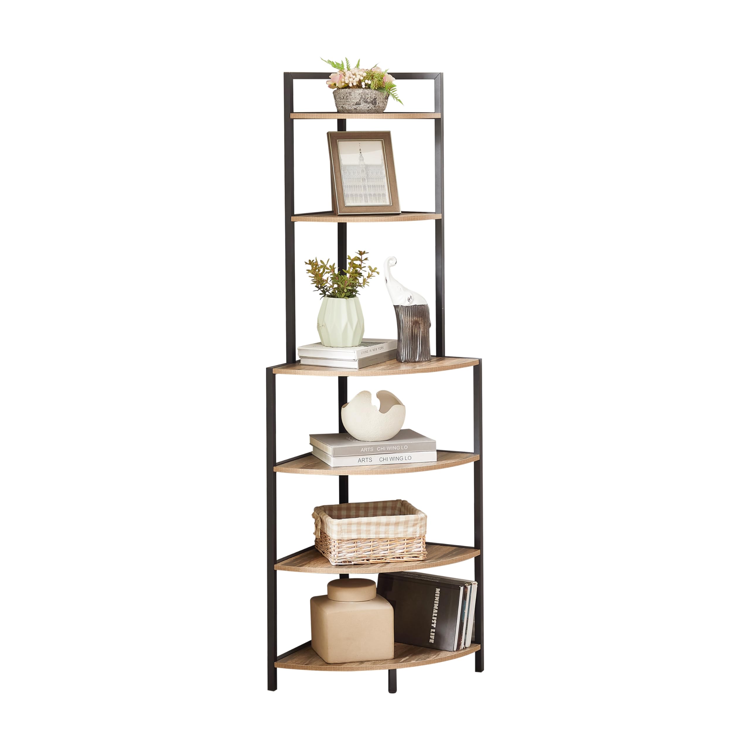 JOIN IRON Freestanding Corner Shelf, Industrial Style 6-Layer Corner Bookshelf with Metal Frame, Suitable for Corner bookcases in Small Spaces, bedrooms, Living Rooms, Rustic Brown