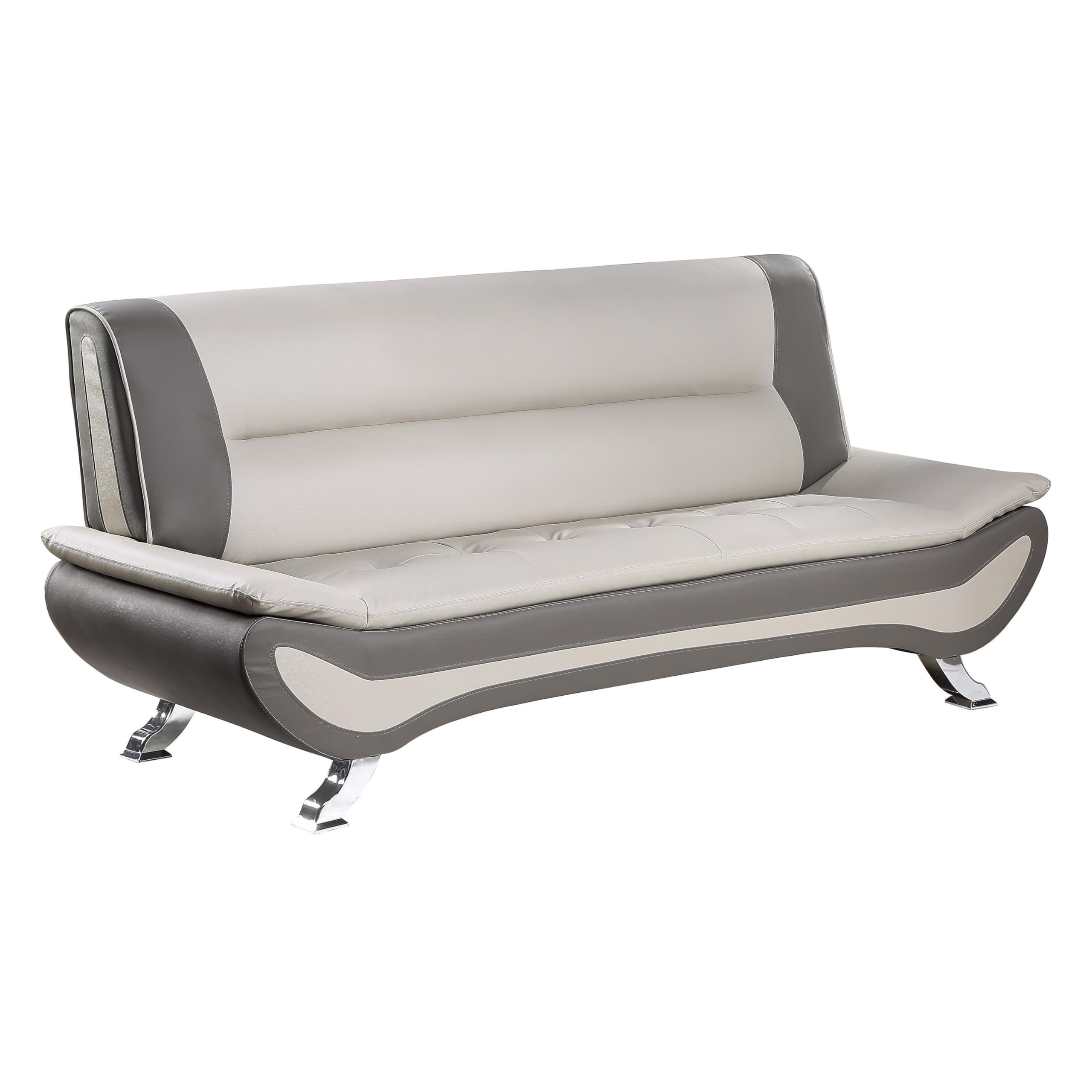 Benjara Elle 78 Inch Sofa, Faux Leather, Metal Legs, Solid Wood Frame, Beige, Gray and Chrome