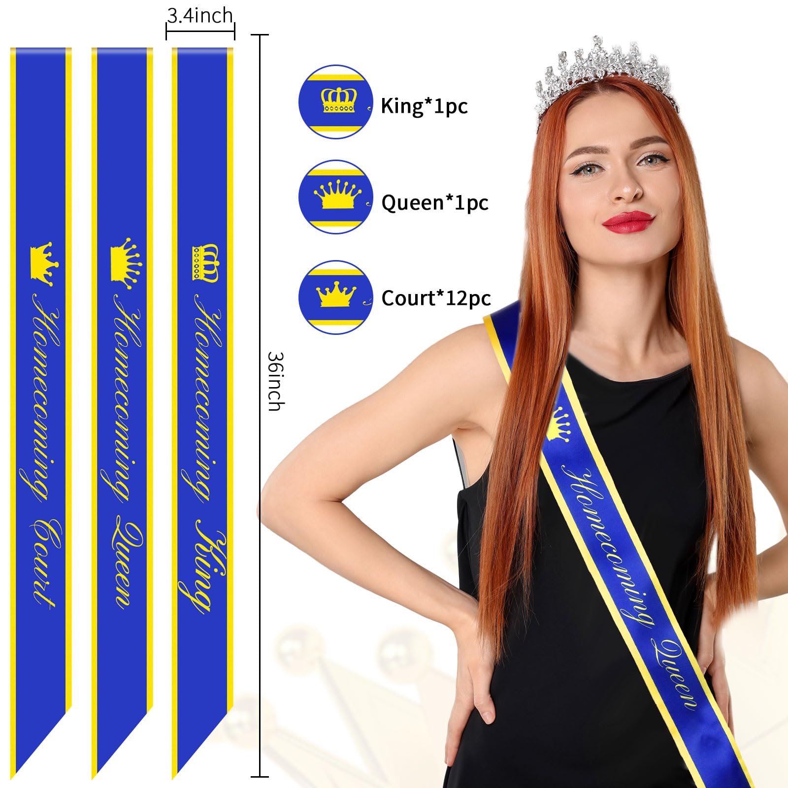 Lasnten 14 Pcs Homecoming Party Prom Sashes, Including 12 Pcs Homecoming Court Sashes and 2 Pcs Crown Prom King and Queen Sashes for Homecoming School Party Accessories (Blue, Gold)