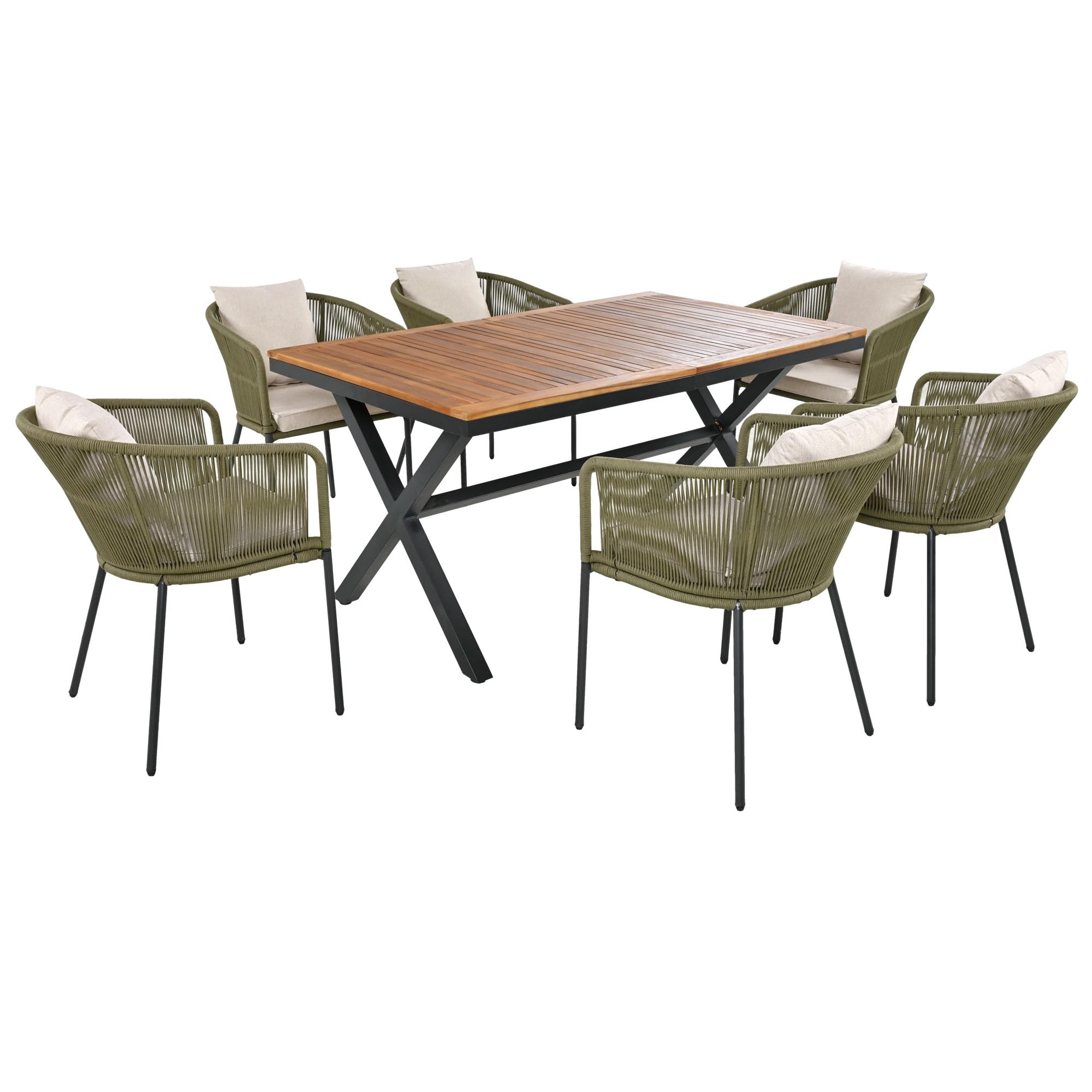 7 Pieces Patio Dining Set, All-Weather Outdoor Furniture Set with Dining Table and Chairs, Acacia Wood Tabletop, Metal Frame, for Garden,Backyard,Balcony,Modern Patio Furniture Set (Green)