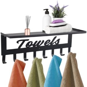 towel rack with shelf for bathroom - metal towels rack hanger, space saving towel holder rack, wall mounted, 8 hooks, towel organizer for coat robe bathrobe in home pool bedroom beach living room