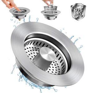 tirejeen kitchen sink drain strainer stopper, 3 in 1 upgraded stainless steel pop up sink basket strainer for drain catcher filter sink plug for standard 3-1/2 inch anti-clogging & anti- odor(1 pack)