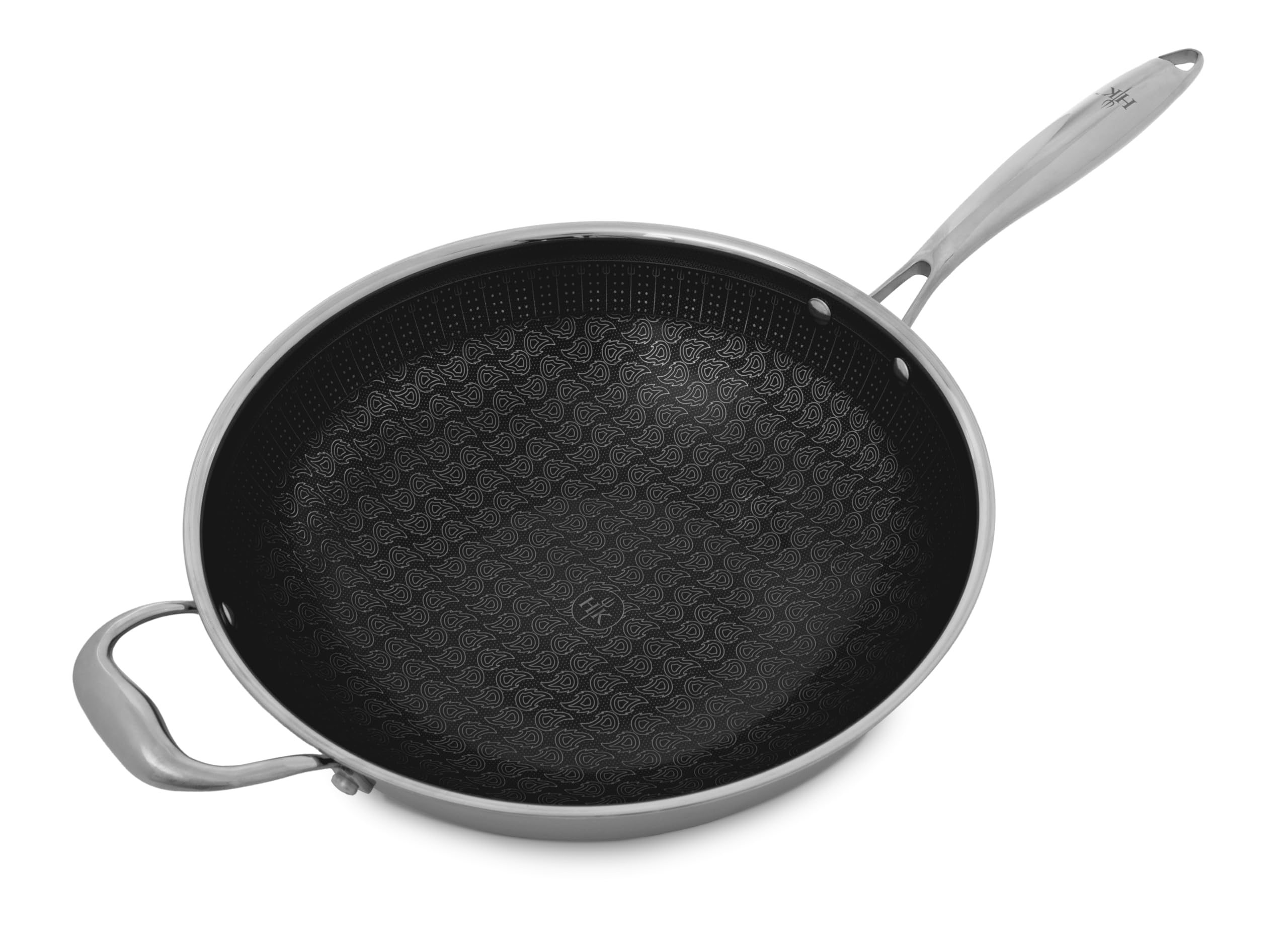 Hell's Kitchen Hybrid 12” Wok Pan and lid, Tri-Clad Stainless Steel and Nonstick Ceramic, PFAS Free, no PFOA, PTFE, or Teflon, Non Toxic Cookware, Metal Utensil Safe, All Cooktops and Oven Safe