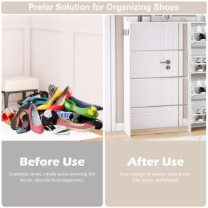 AODAILIHB Shoe Storage Cabinet for Entryway with 4 Flip Drawers, 2-Tier Mirrored Narrow Shoes Rack Organizer Closed Large Capacity Wood Shoe Cabinet Closet Dresser Slim Hidden Shoe Cupboard with Hooks