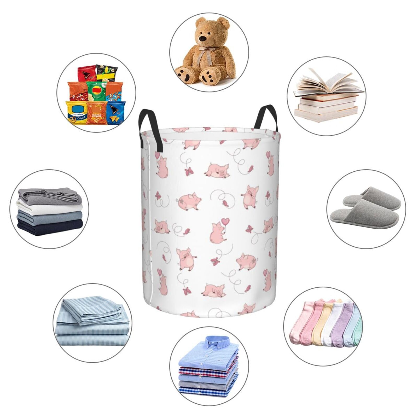 Large Laundry Basket with Handles - Butterfly Cute Pig Pink Baby Kids Dirty Clothes Laundry Hamper