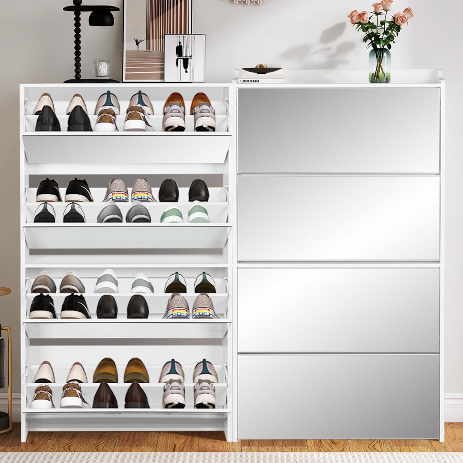 AODAILIHB Shoe Storage Cabinet for Entryway with 4 Flip Drawers, 2-Tier Mirrored Narrow Shoes Rack Organizer Closed Large Capacity Wood Shoe Cabinet Closet Dresser Slim Hidden Shoe Cupboard with Hooks