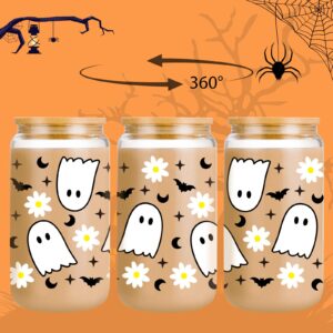 GSPY Cute Ghost Cups, 16oz Halloween Glass Cups with Lids and Straws, Spooky Bat Daisy Iced Coffee Tumbler, Fall Coffee Mug - Boo Basket Stuffers, Halloween Gifts for Women, Adults, Girls, Her