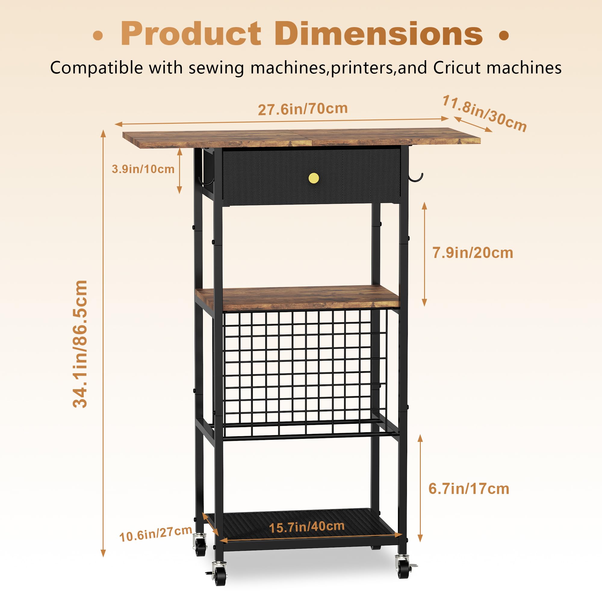 Rolling Craft Table with Storage with 30 Vinyl Roll Holder and Drawer, Craft Storage Cart Compatible with Cricut Machines, Craft Storage Cabinet Organizer Workstation for Craft Room Home (Black)