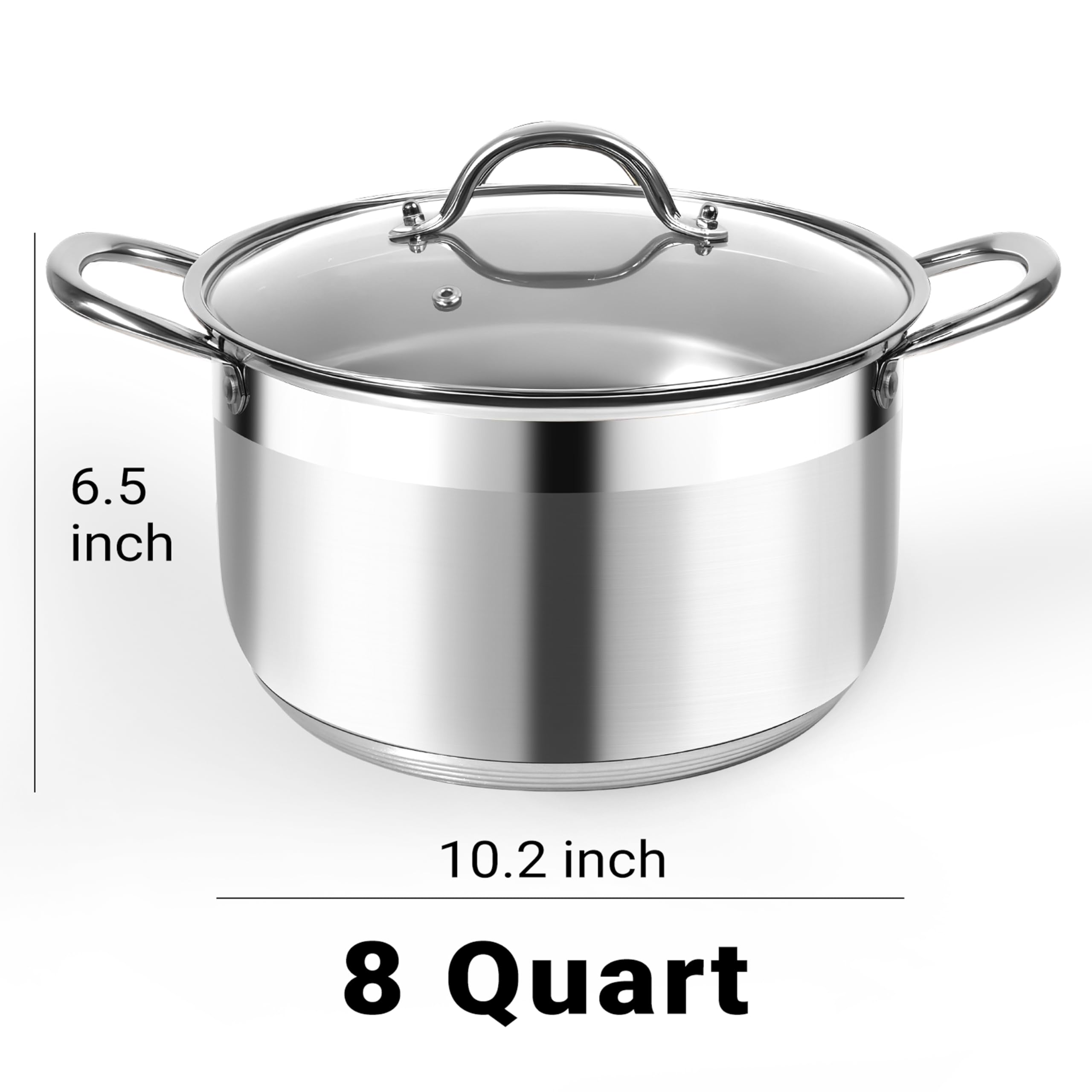 Kirecoo Stainless Steel Stock Pot - 8 Quart Heavy Duty Induction Cooking Pot with Visible Lid for Pasta, Soup, Spaghetti, Nonstick Thick Bottom Big Soup Canning Pot, Deep Cookware Boiling Simmer Pot