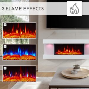 PuraFlame Alsa 44 Inch Wall Mounted Electric Fireplace All-in-One with Multi Ambient Light Colors, Remote, 1500W Heater, White