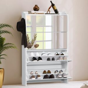 aodailihb shoe storage cabinet for entryway with 4 flip drawers, 2-tier mirrored narrow shoes rack organizer closed large capacity wood shoe cabinet closet dresser slim hidden shoe cupboard with hooks