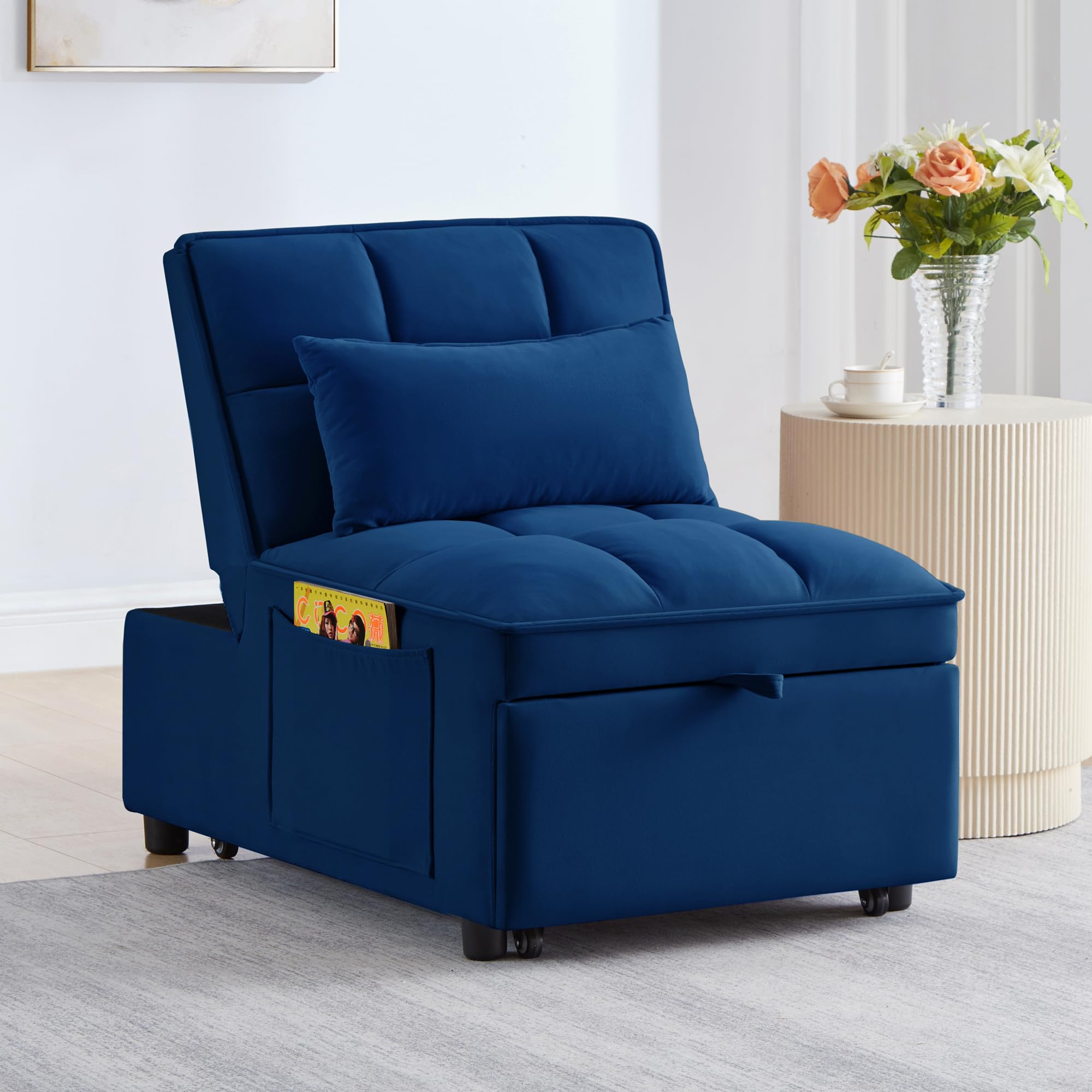 Bellemave 4 in 1 Convertible Sleeper Sofa Chair, Single Pull Out Couch with 6-Level Adjustable Backrest&Pillows,Modern Velvet Sofa Bed with Storage Pockets for Bedroom Living Room Small Space（Navy）