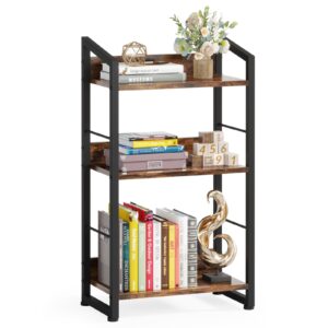 hosfais book shelf small bookshelf: 3 tier bookshelf with edge protection, metal and wood bookshelves book case for small spaces bedroom home office (rustic brown)