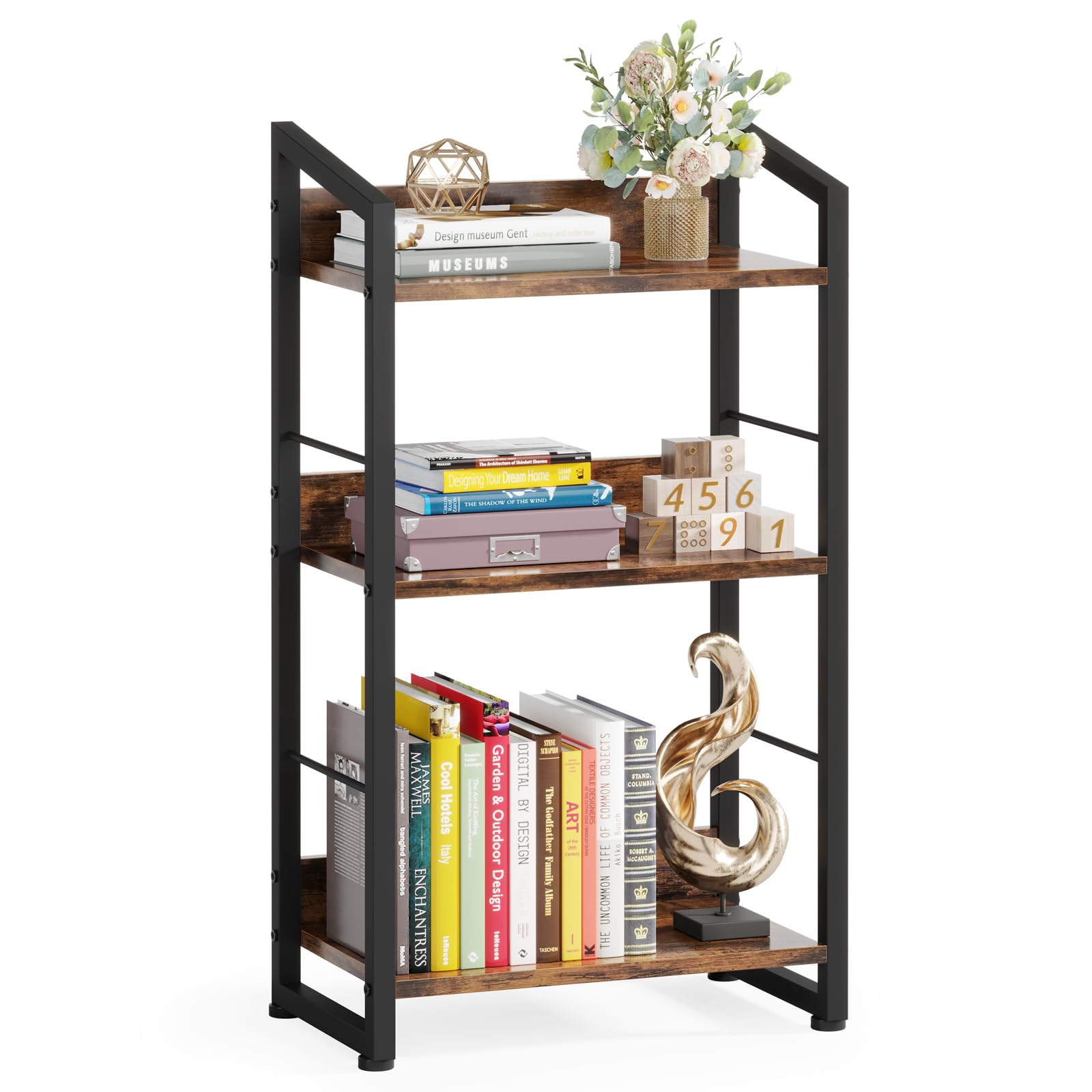 Hosfais Book Shelf Small Bookshelf: 3 Tier Bookshelf with Edge Protection, Metal and Wood Bookshelves Book Case for Small Spaces Bedroom Home Office (Rustic Brown)