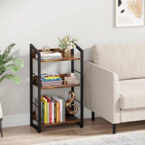 Hosfais Book Shelf Small Bookshelf: 3 Tier Bookshelf with Edge Protection, Metal and Wood Bookshelves Book Case for Small Spaces Bedroom Home Office (Rustic Brown)