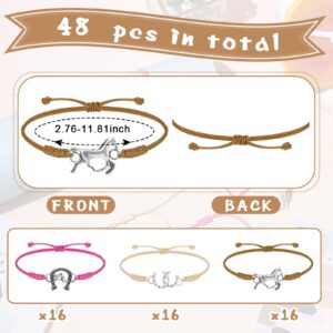 Sureio 48 Pcs Horse Rope Braided Bracelet Gifts Bulk Horse Goodie Party Favors Western Cowgirl Cowboy Adjustable Wedding Bridal Shower Bracelets for Women (Rose Red, Light Brown, Dark Brown)