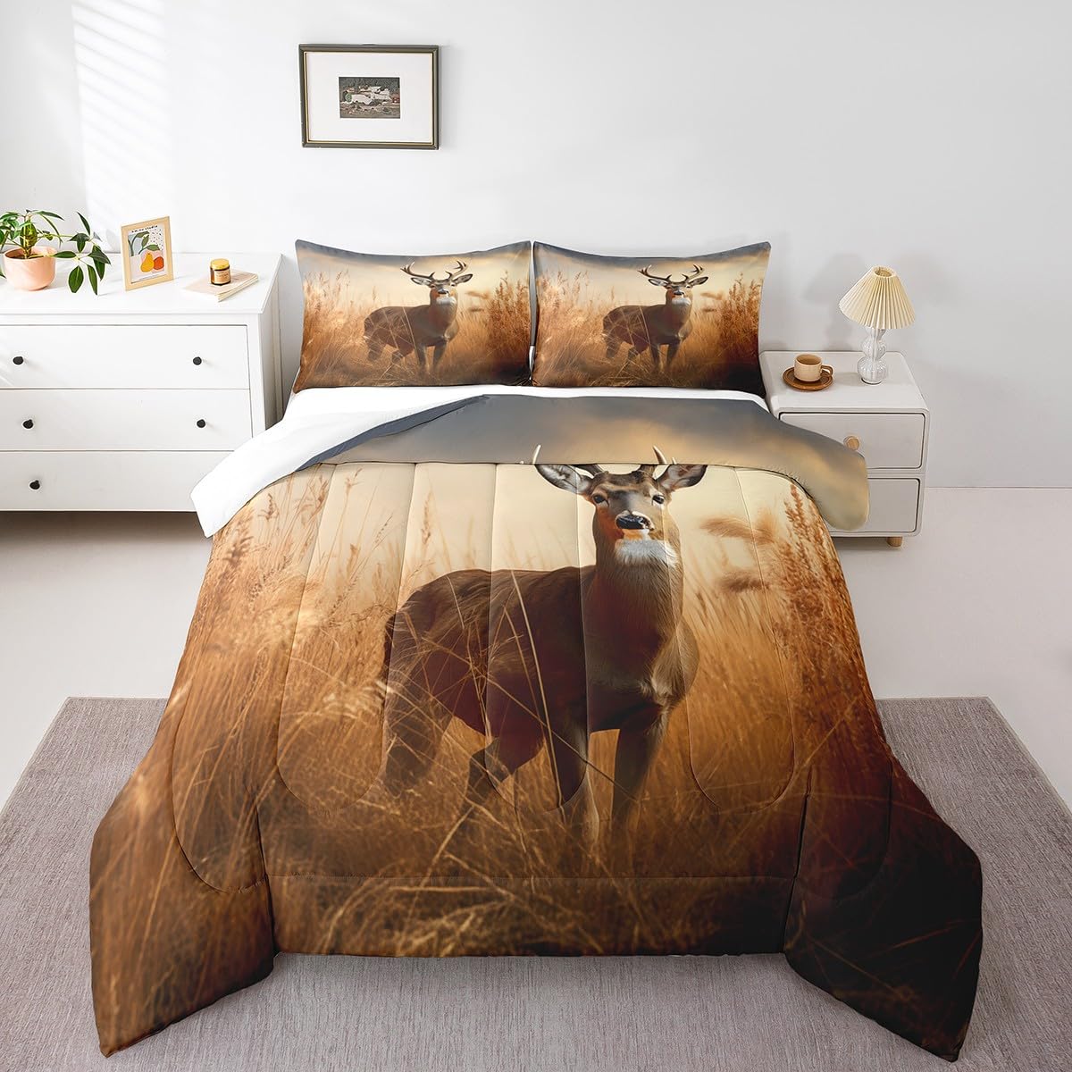 Feelyou Deer Comforter Set Forest Hunting Bedding Set for Kids Boys Girls Wild Animal Quilt Set Western Farmhouse Comforter Queen Size