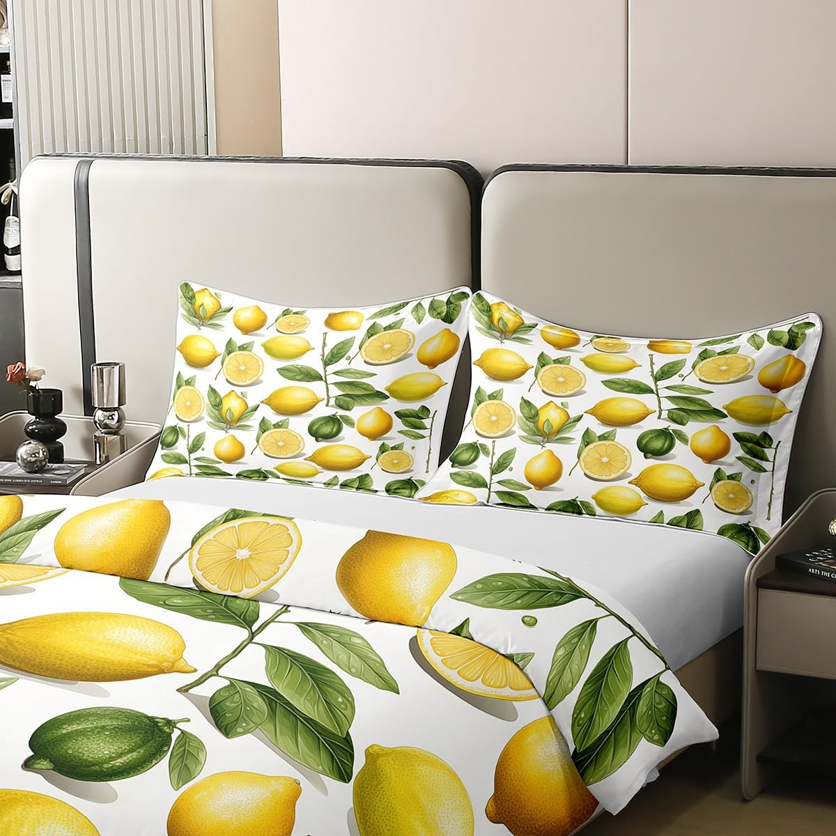 Manfei Lemon 100% Nature Cotton Duvet Cover,Yellow Summer Fruits Botanical Leaves Bedding Set for Room Decor,Rustic Farmhouse Style All Season Bedding with Zipper Closure Queen Size