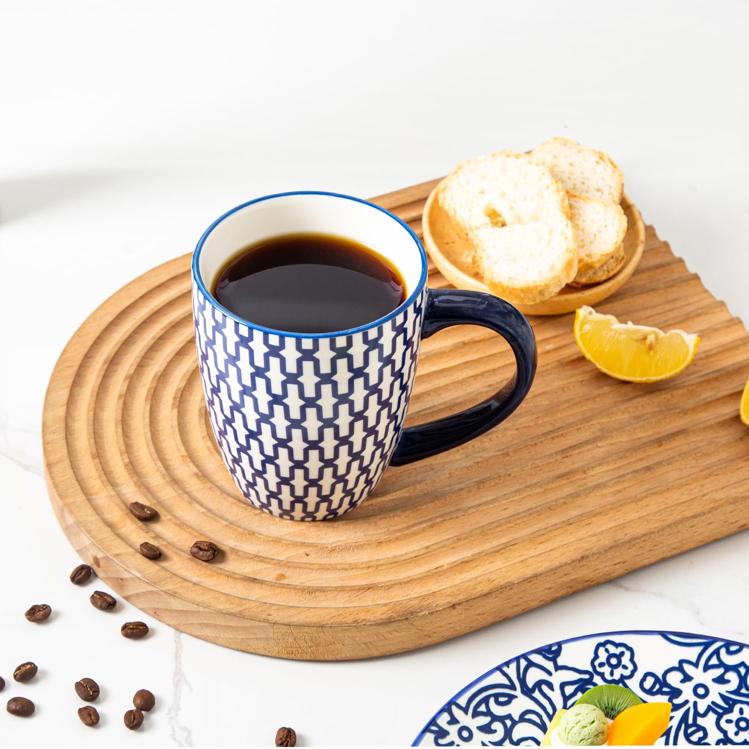 Ceramic Coffee Mugs Set - 16 Oz Large Porcelain Tea Cups with Handle for Women Men Cocoa Cappuccino Latte - Christmas Housewarming Gift - Dishwasher Safe - Set of 6 - Vintage Blue