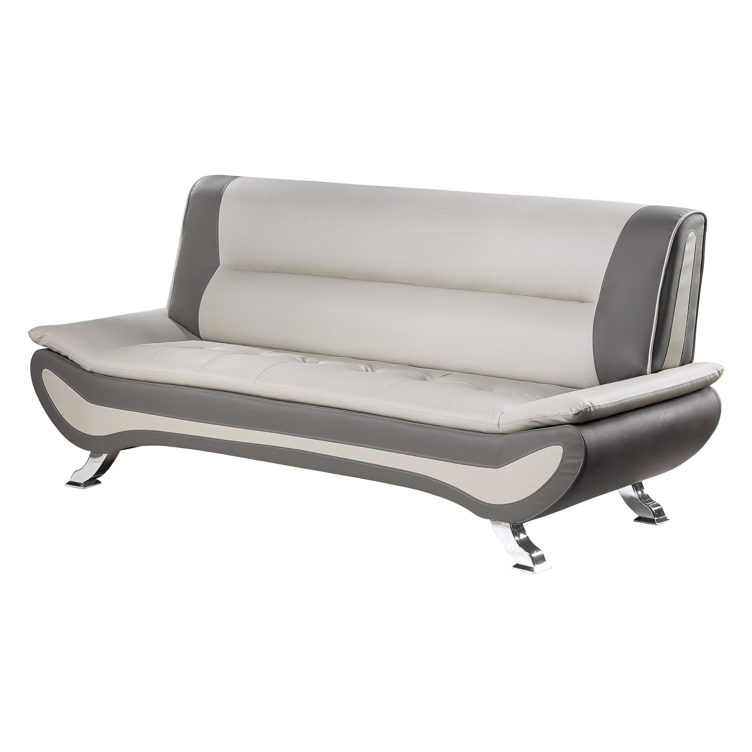 Benjara Elle 78 Inch Sofa, Faux Leather, Metal Legs, Solid Wood Frame, Beige, Gray and Chrome