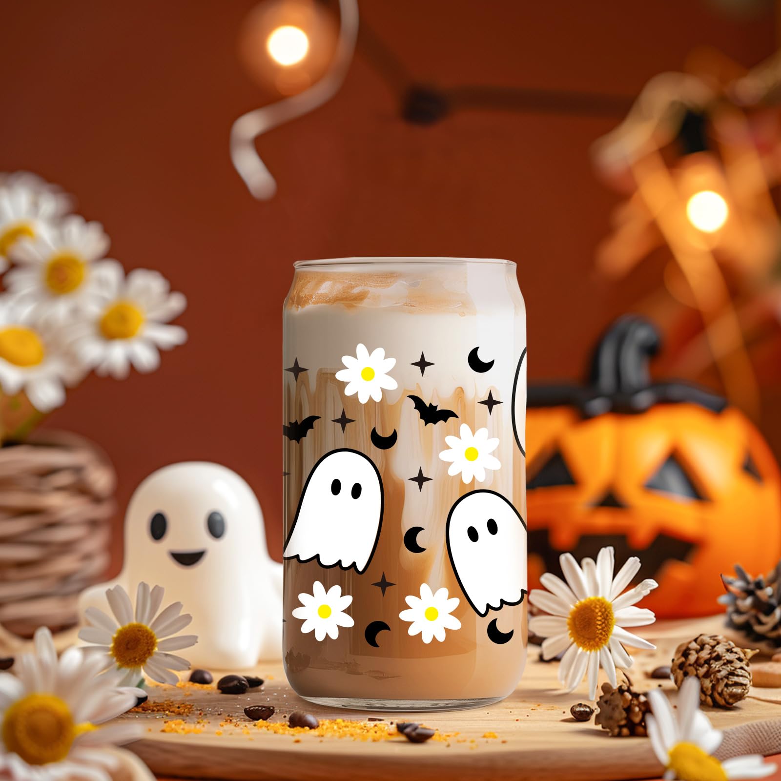 GSPY Cute Ghost Cups, 16oz Halloween Glass Cups with Lids and Straws, Spooky Bat Daisy Iced Coffee Tumbler, Fall Coffee Mug - Boo Basket Stuffers, Halloween Gifts for Women, Adults, Girls, Her