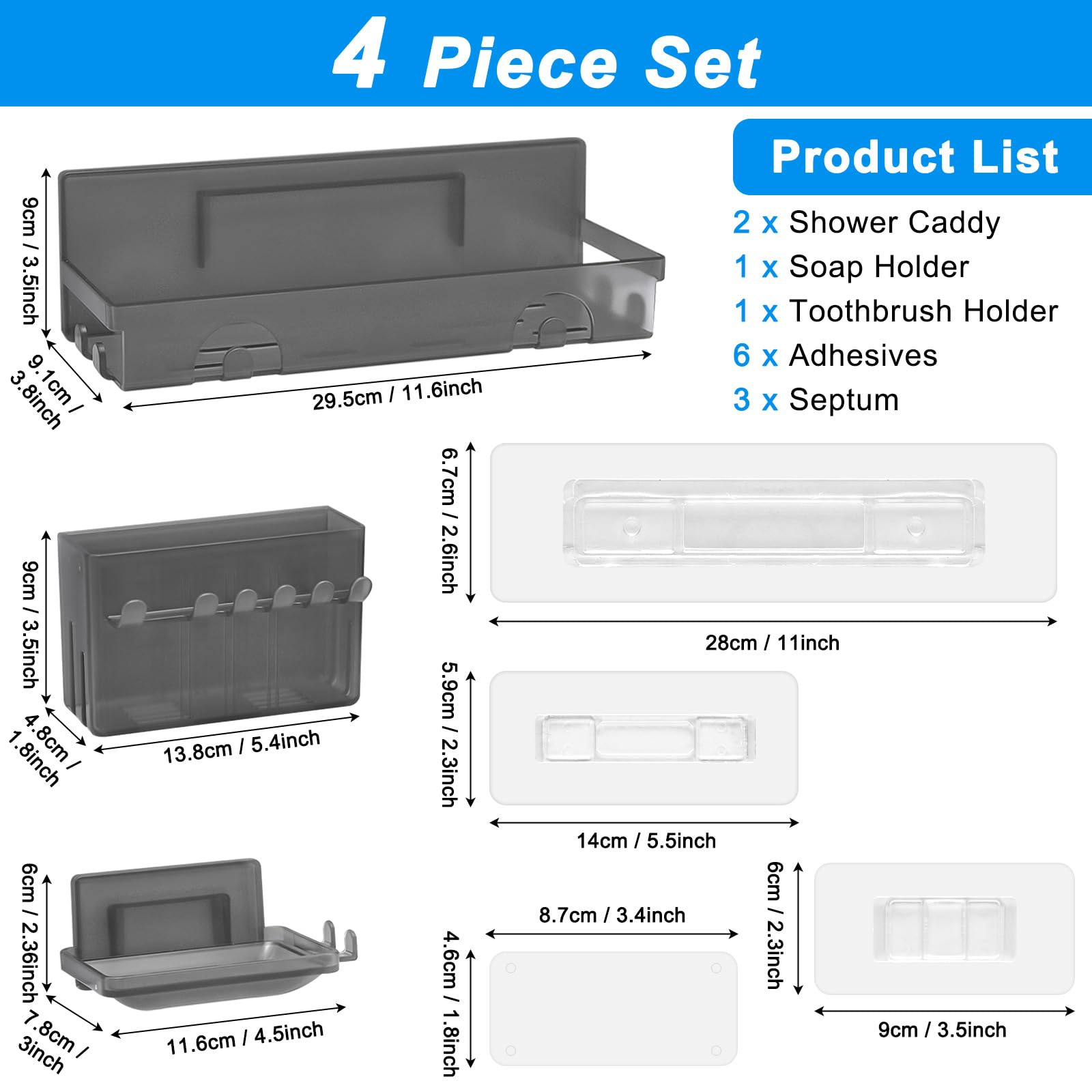 4-in-1 Shower Caddy, Adhesive Shelf with Soap Dish & Toothbrush Holder, Shower Shelves with Hooks, No Drilling Shower Storage for Home & Kitchen Decor, Wall Mounted Shower Shelf for Inside Shower
