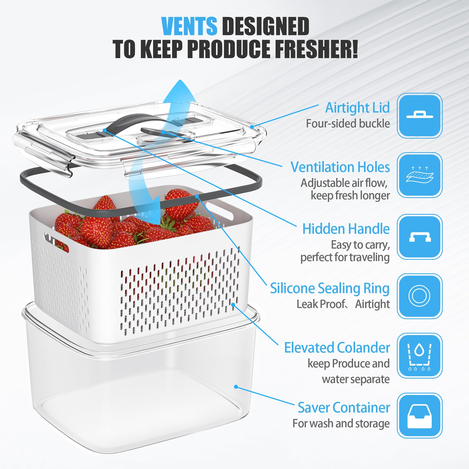 damynuo 5 Pack Fruit Storage Containers for Fridge - Clear Berry Containers with Colander, Airtight Fridge Organizer Bins with Vent Handle Lids for Refrigerator Organizers and Storage Keep Fresh