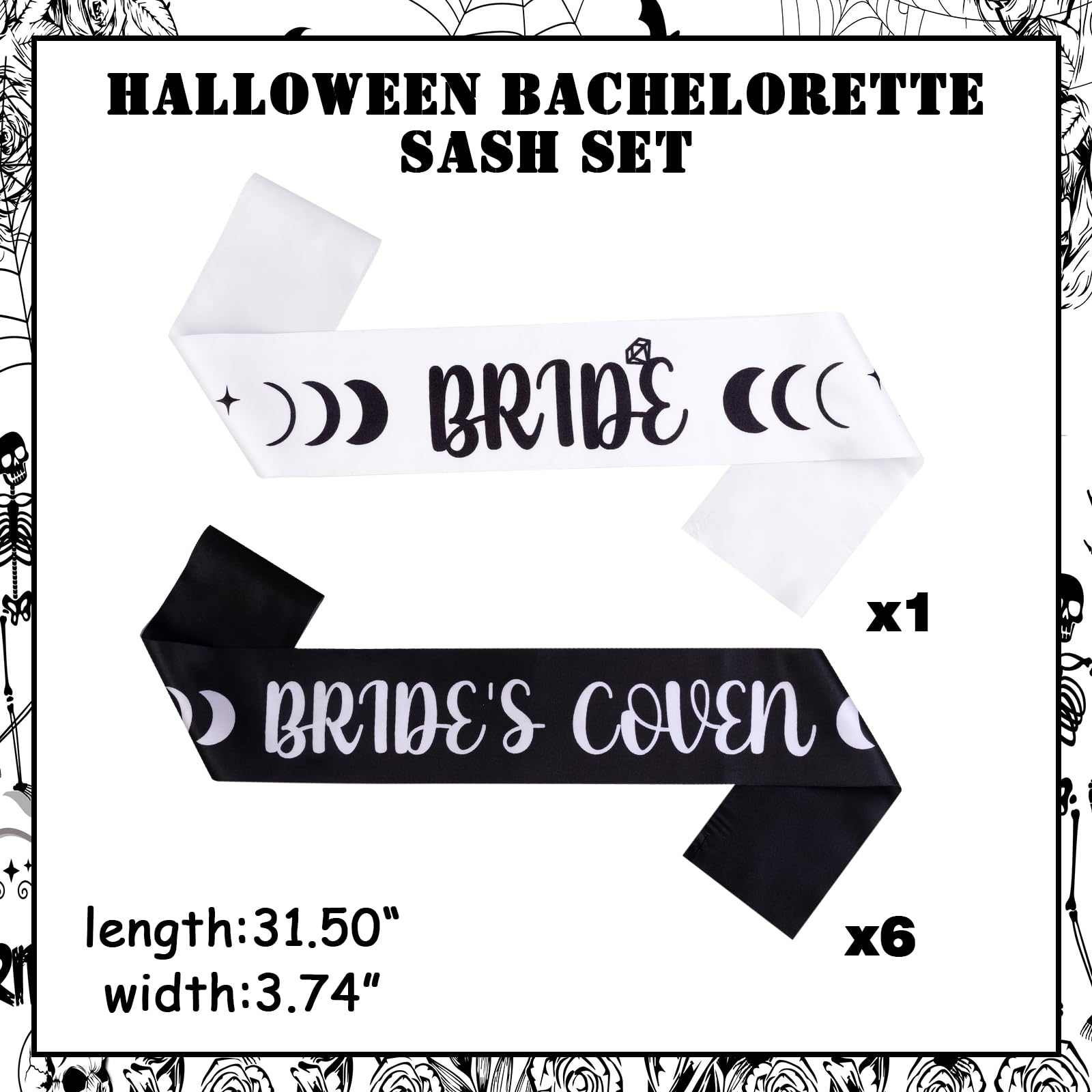 Serencatcher Halloween Bachelorette Party Sashes, 7pcs Halloween Sash and Bride’s Coven Sash White and Black for Witchy Halloween Bachelorette Party Halloween Bridal Shower Decorations Bride to be