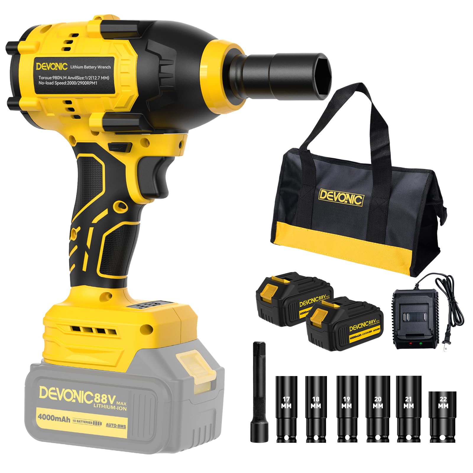 XGOLD DEVONIC Cordless Impact Wrench,750Ft-lb(980N.m) Brushless Impact Gun,2900RPM High Torque Impact Wrench,1/2 Inch with 3 Models,Charger & 6 Sockets, Power Impact Driver for Car Home