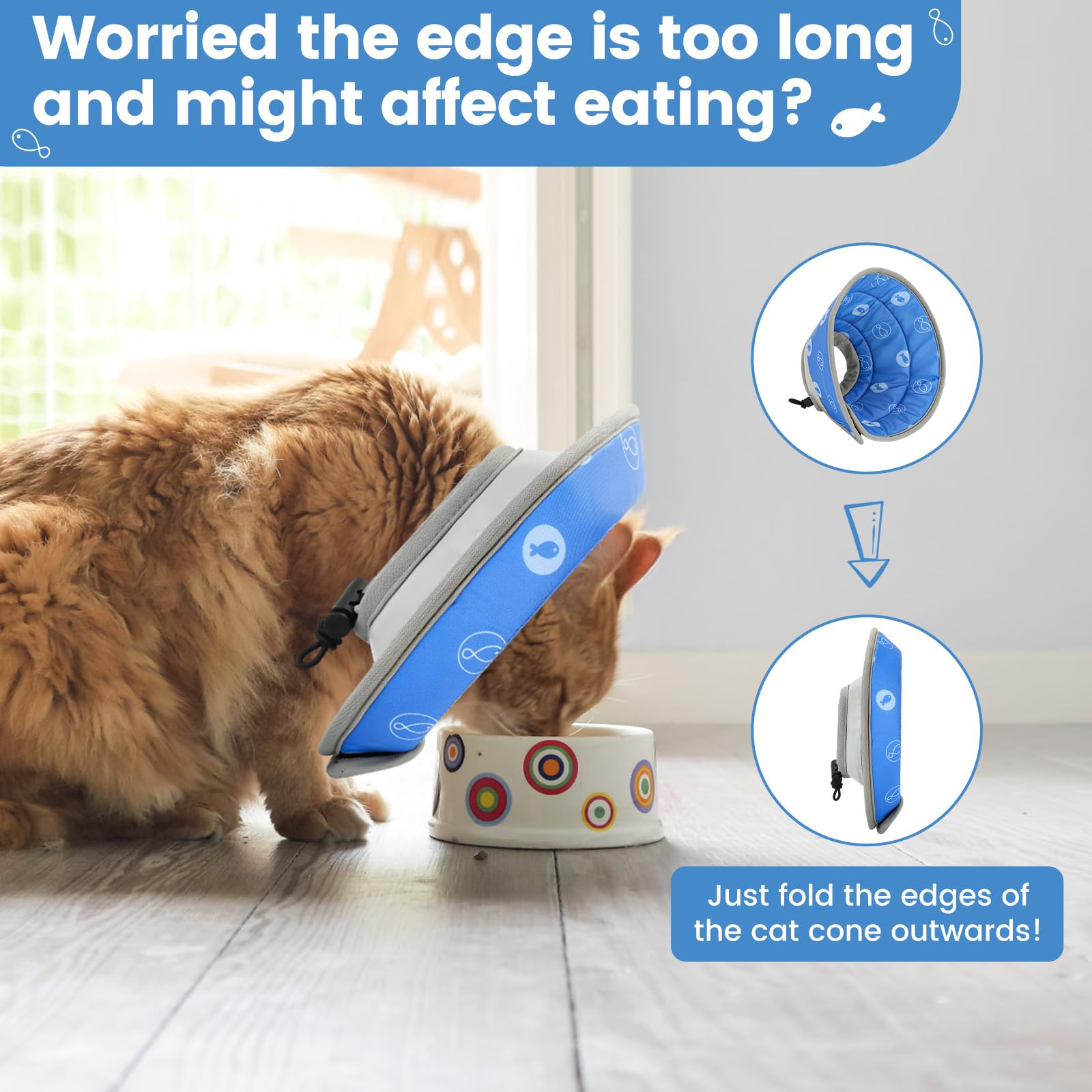 IDOGCHEW Cat Cone Collar Soft, Cat Cones to Stop Licking, Adjustable Cat Cone Water Resistant, Foldable, Adjustable, Lightweight (Blue Fish, Small)