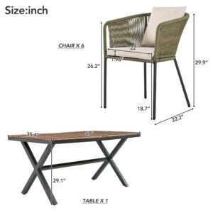 7 Pieces Patio Dining Set, All-Weather Outdoor Furniture Set with Dining Table and Chairs, Acacia Wood Tabletop, Metal Frame, for Garden,Backyard,Balcony,Modern Patio Furniture Set (Green)