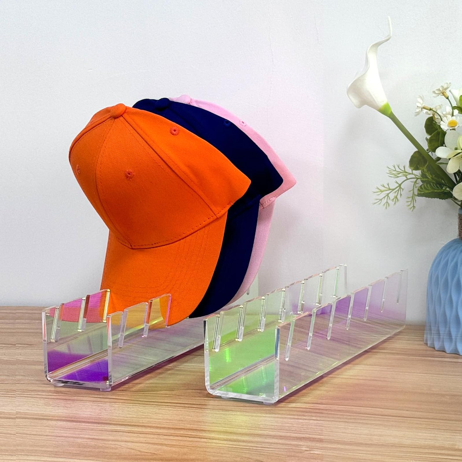 CHENQIAN Hat Rack for Baseball Caps Display and Organizer, Acrylic Hat Holder Holds 14 Caps (No Install), Suitable for Bedroom, Closet, Dresser (2 Pack Clear)