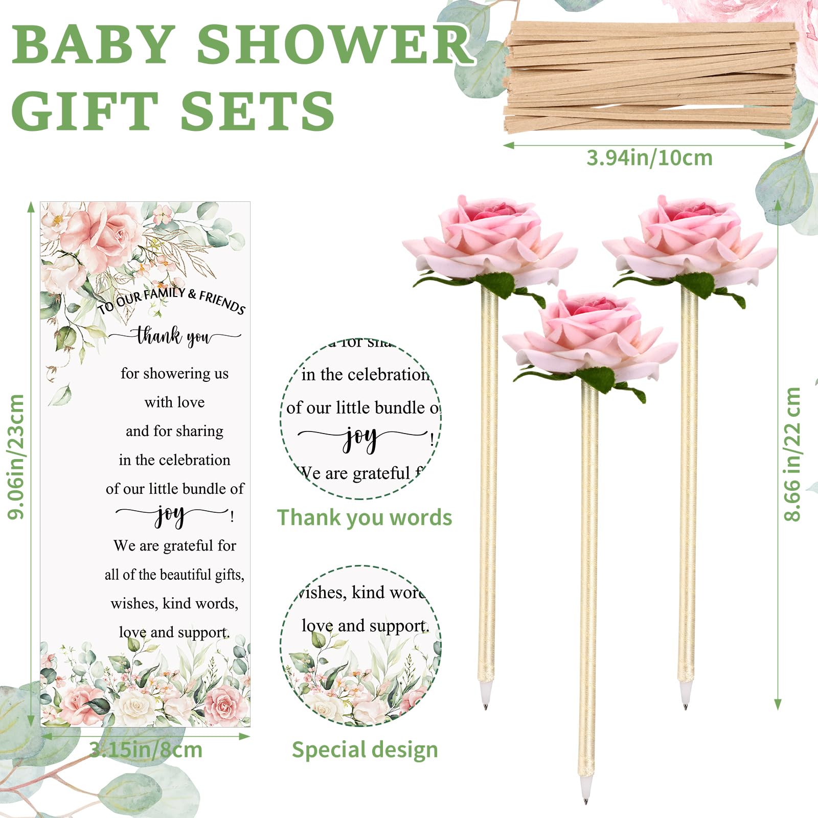 Spakon 50 Sets Baby Shower Party Favors Pen for Guests withThank you cards,Baby Shower Gifts Artificial Rose Flowers Ballpoint Pen for Guests Friends Baby Shower Gender Reveal Party Souvenir Prizes