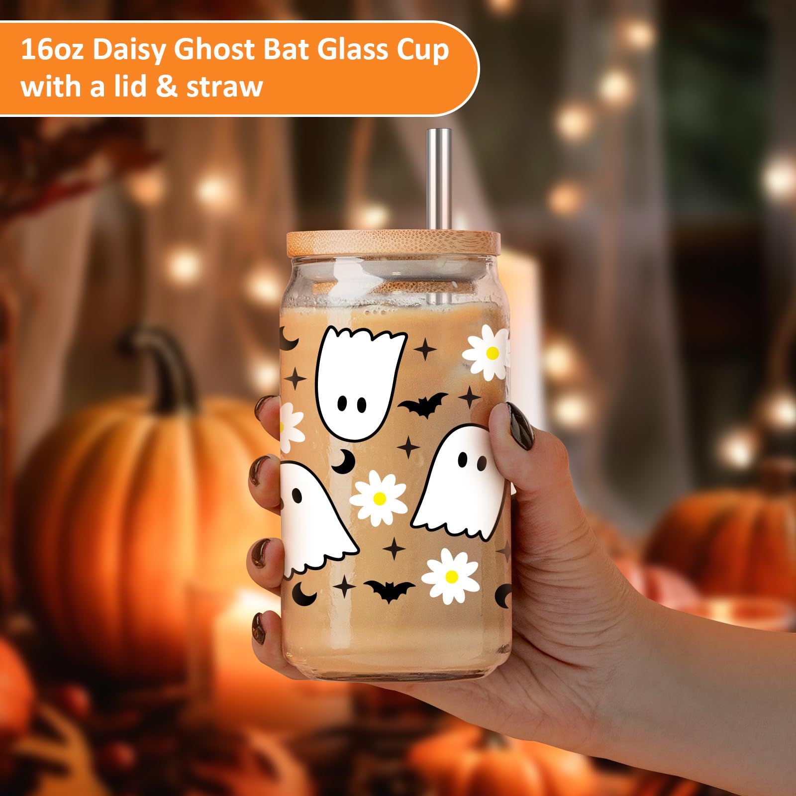 GSPY Cute Ghost Cups, 16oz Halloween Glass Cups with Lids and Straws, Spooky Bat Daisy Iced Coffee Tumbler, Fall Coffee Mug - Boo Basket Stuffers, Halloween Gifts for Women, Adults, Girls, Her