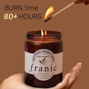 FRANIC White Jasmine Scented Candle, 17.6oz 80 Hours Burn Time, 100% Cotton Wick Uniform Burning, Natural Soy Wax Scented Candle for Home Scented Perfect for Christmas, Birthday, Home