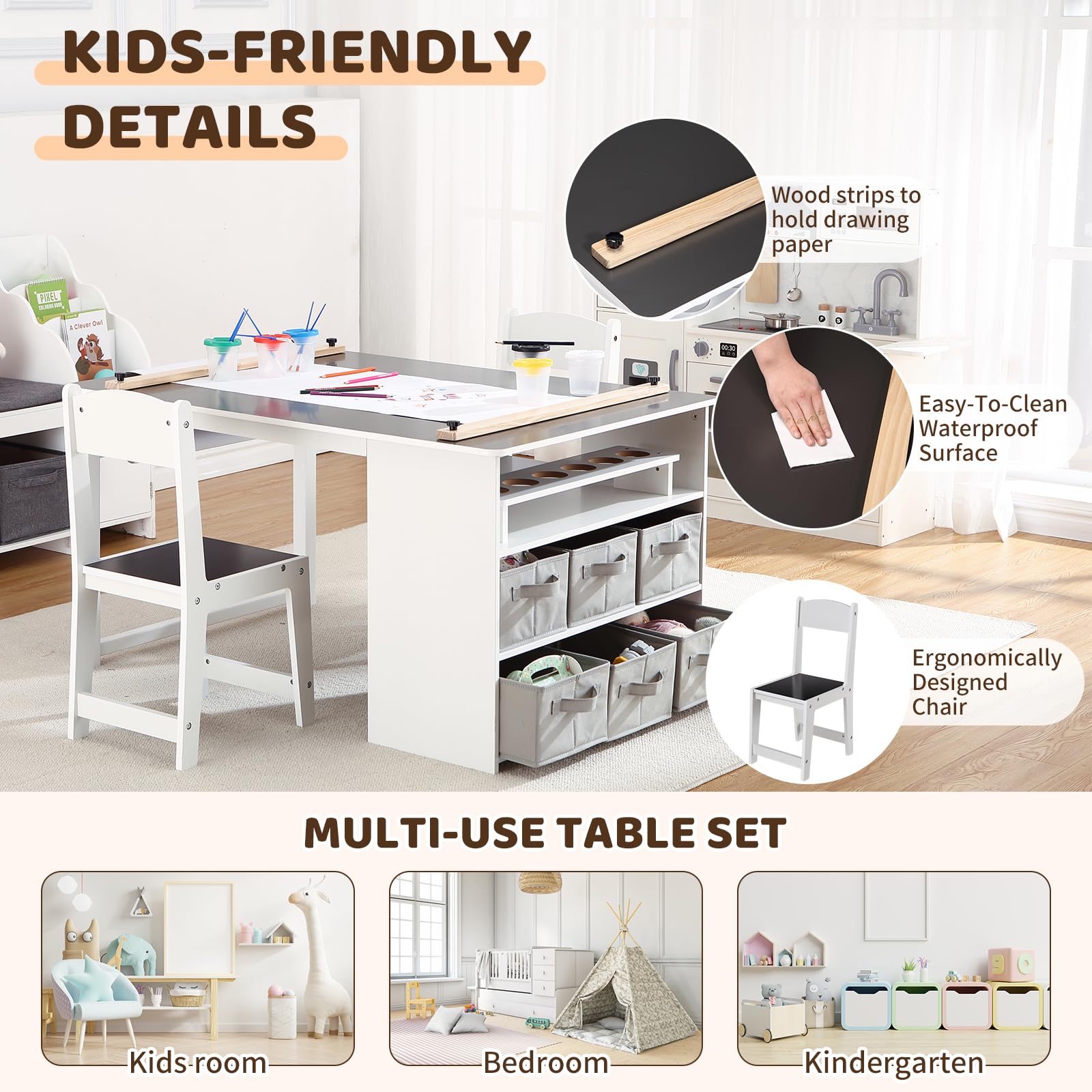 GarveeHome Kids Art Table and Chairs Set, Living and Learning Kids' Art Table and Stool Set with Large Storage Desk and Portable Art Supply Organizer, Kids Activity Table, Drawing and Painting Desk