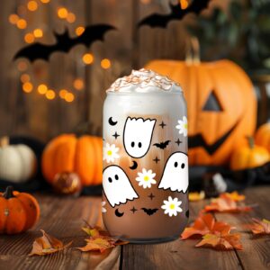 GSPY Cute Ghost Cups, 16oz Halloween Glass Cups with Lids and Straws, Spooky Bat Daisy Iced Coffee Tumbler, Fall Coffee Mug - Boo Basket Stuffers, Halloween Gifts for Women, Adults, Girls, Her