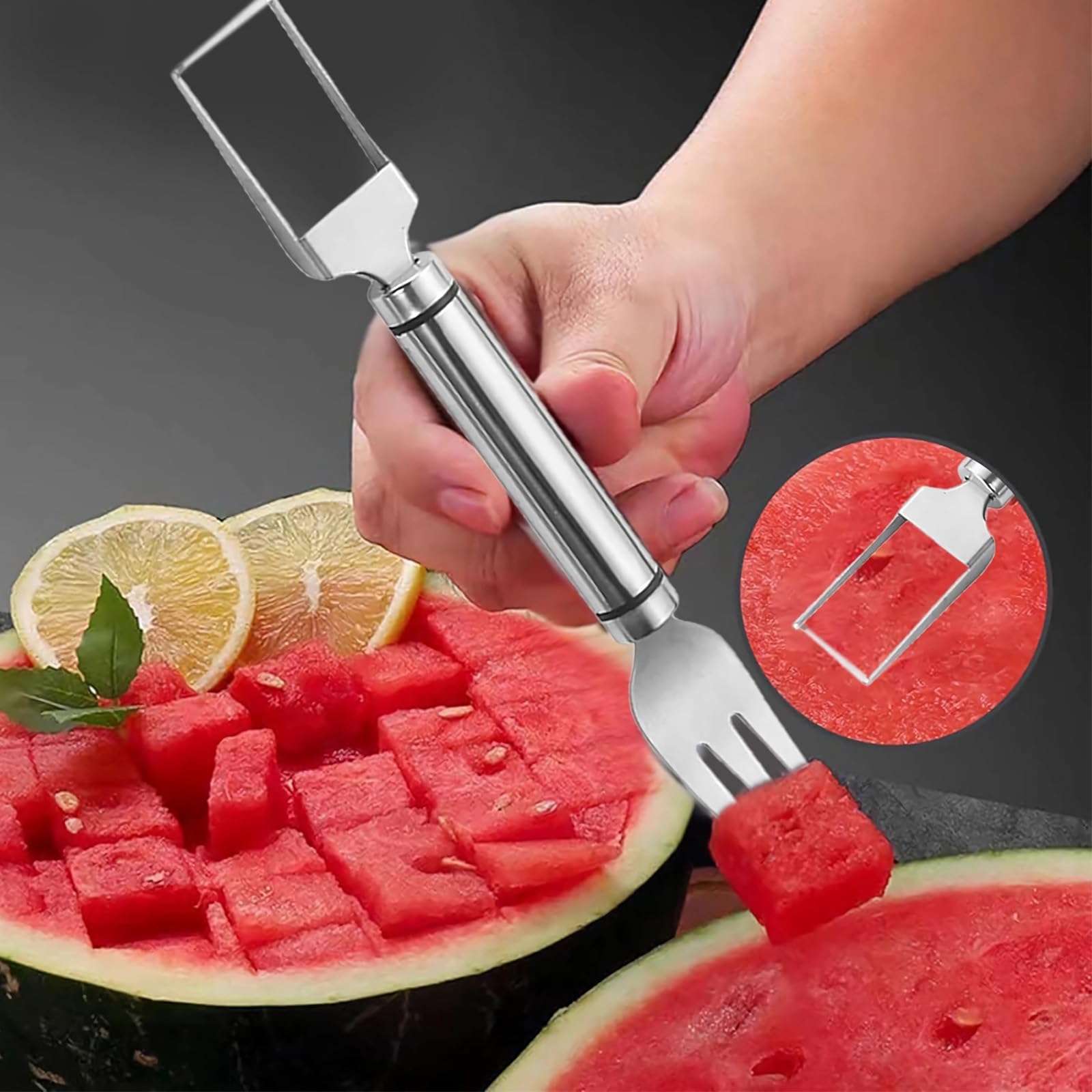 2 Pack Stainless Steel Fruit Cutter, 2-in-1 Portable Watermelon Fork Slicer Cutter Melon Cube Cutter Watermelon Fork Slicer Cutter Slicer Tool Quickly Fruit Forks Slicer for Home Kitchen Gadget