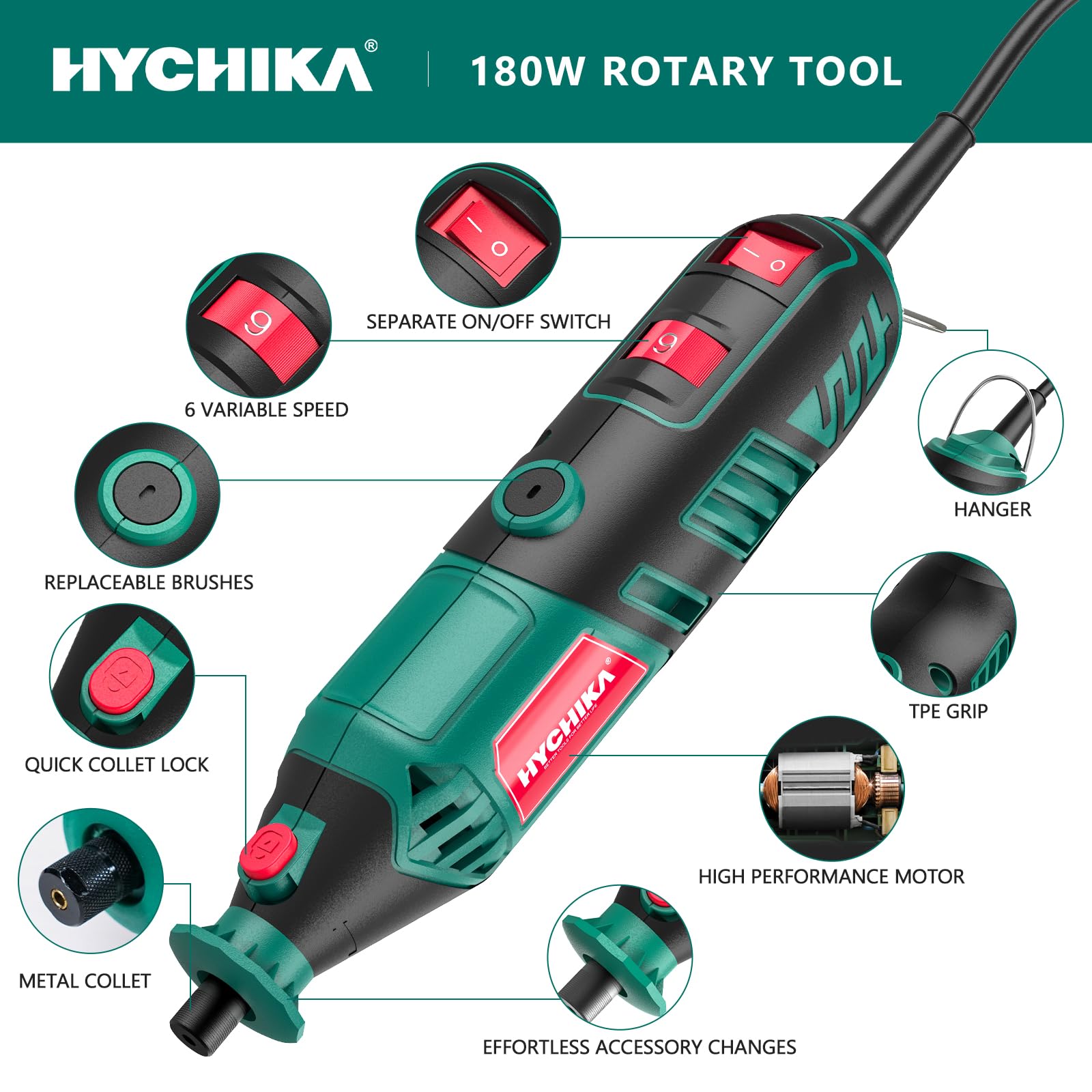 HYCHIKA 180W Rotary Tool, Variable Speed Rotary Tool Kit with Flex Shaft, 173pcs Accessories Kit & 8000-35000RPM Multi-Tool, Perfect for Cutting, Detail Sanding, Engraving, Wood Carving, and Polishing