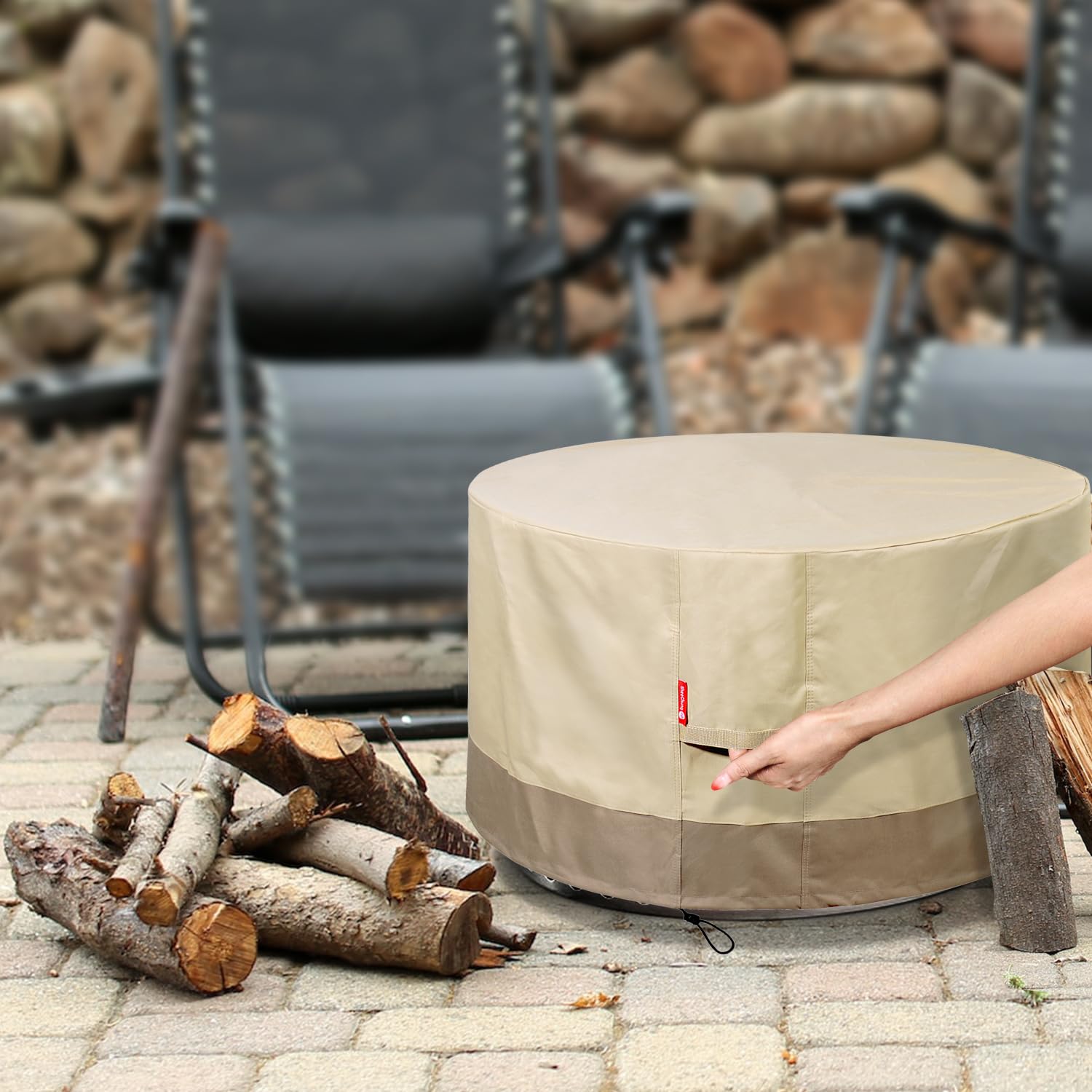 SheeChung Fire Pit Cover Round 44" D x 24" H Waterproof 600D Heavy Duty Patio Gas Fire Pit Cover Shelter Fits 40-44 Inch Outdoor Firepit Table Beige