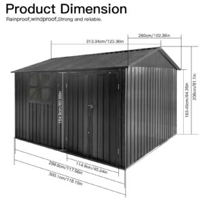 Jintop 10x8 FT Metal Frame Garden Sheds with Lockable Doors and Window,Outdoor Single-Storey Roofed Storage Shed,w/Waterproof Roofs,for Storing Bicycles,Lawnmowers,Barbeques,Dark-Grey