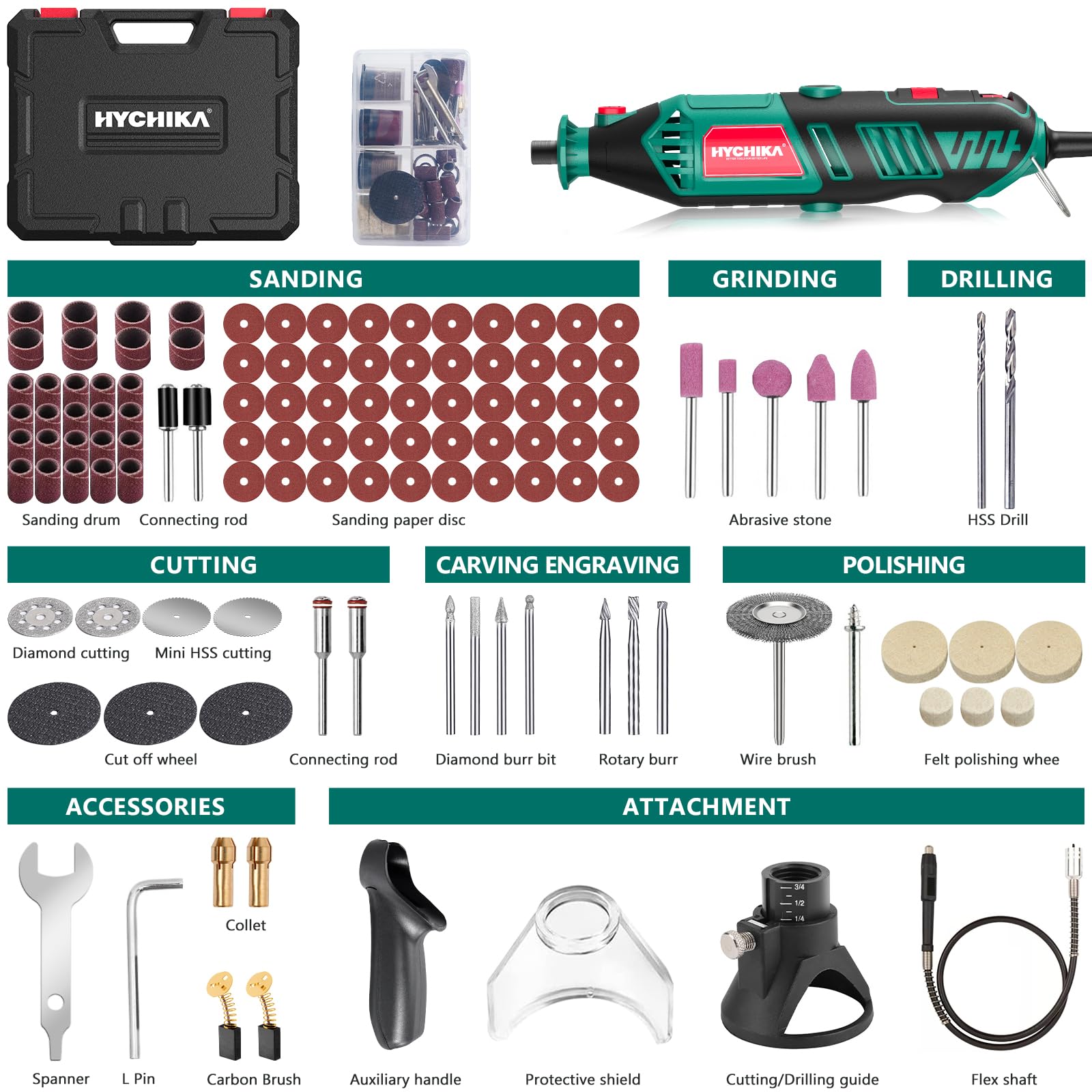 HYCHIKA 180W Rotary Tool, Variable Speed Rotary Tool Kit with Flex Shaft, 173pcs Accessories Kit & 8000-35000RPM Multi-Tool, Perfect for Cutting, Detail Sanding, Engraving, Wood Carving, and Polishing